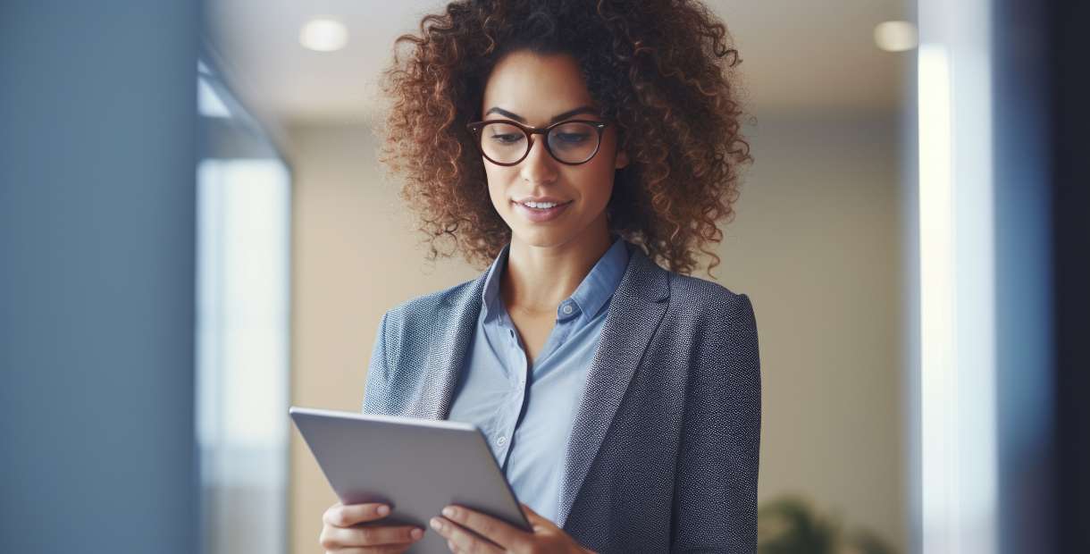 woman looking down at a tablet.