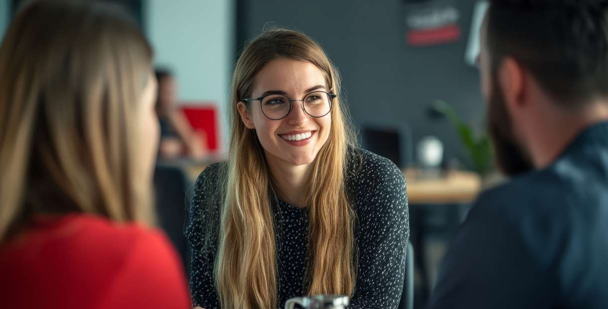 young coworker smiling in conversation.