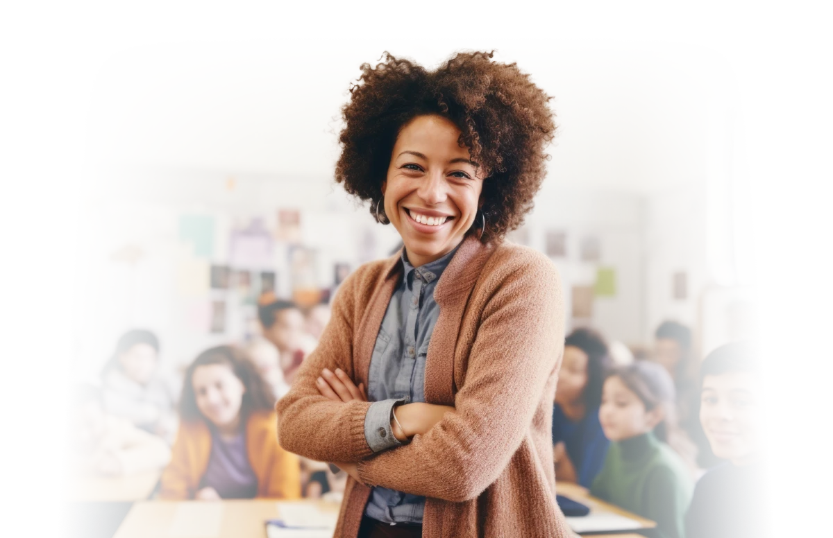 A female teacher smiles while standing in front of her class.