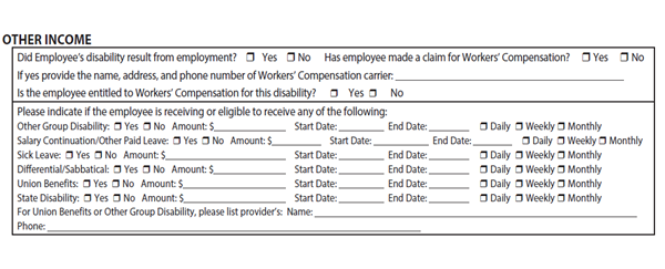 Other income section on disability form